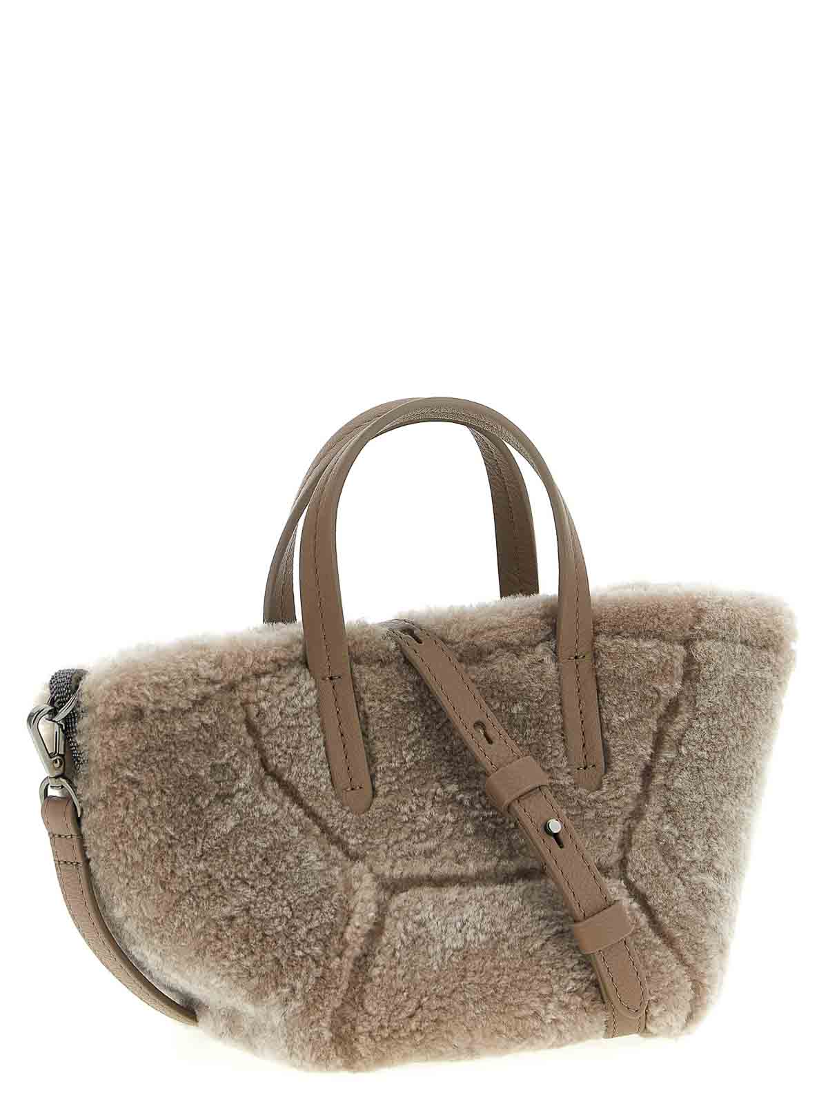 Brunello Cucinelli Shearling Leather Tote Bag In Gray