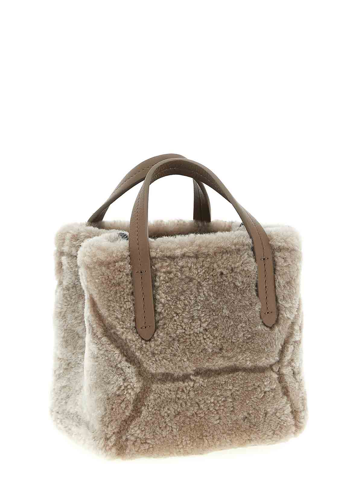 Brunello Cucinelli Shearling Leather Tote Bag In Gray