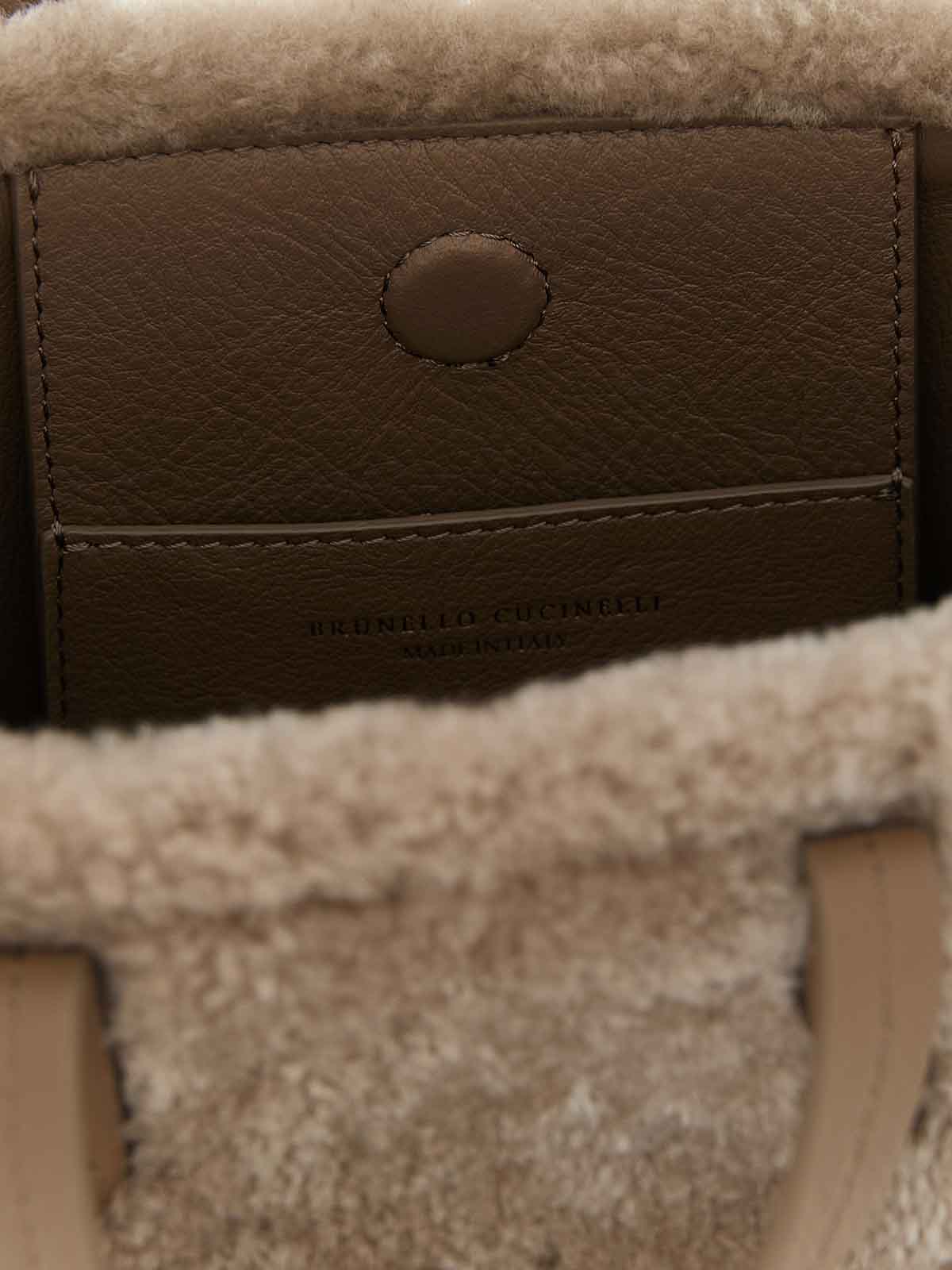 Brunello Cucinelli Shearling Leather Tote Bag In Gray
