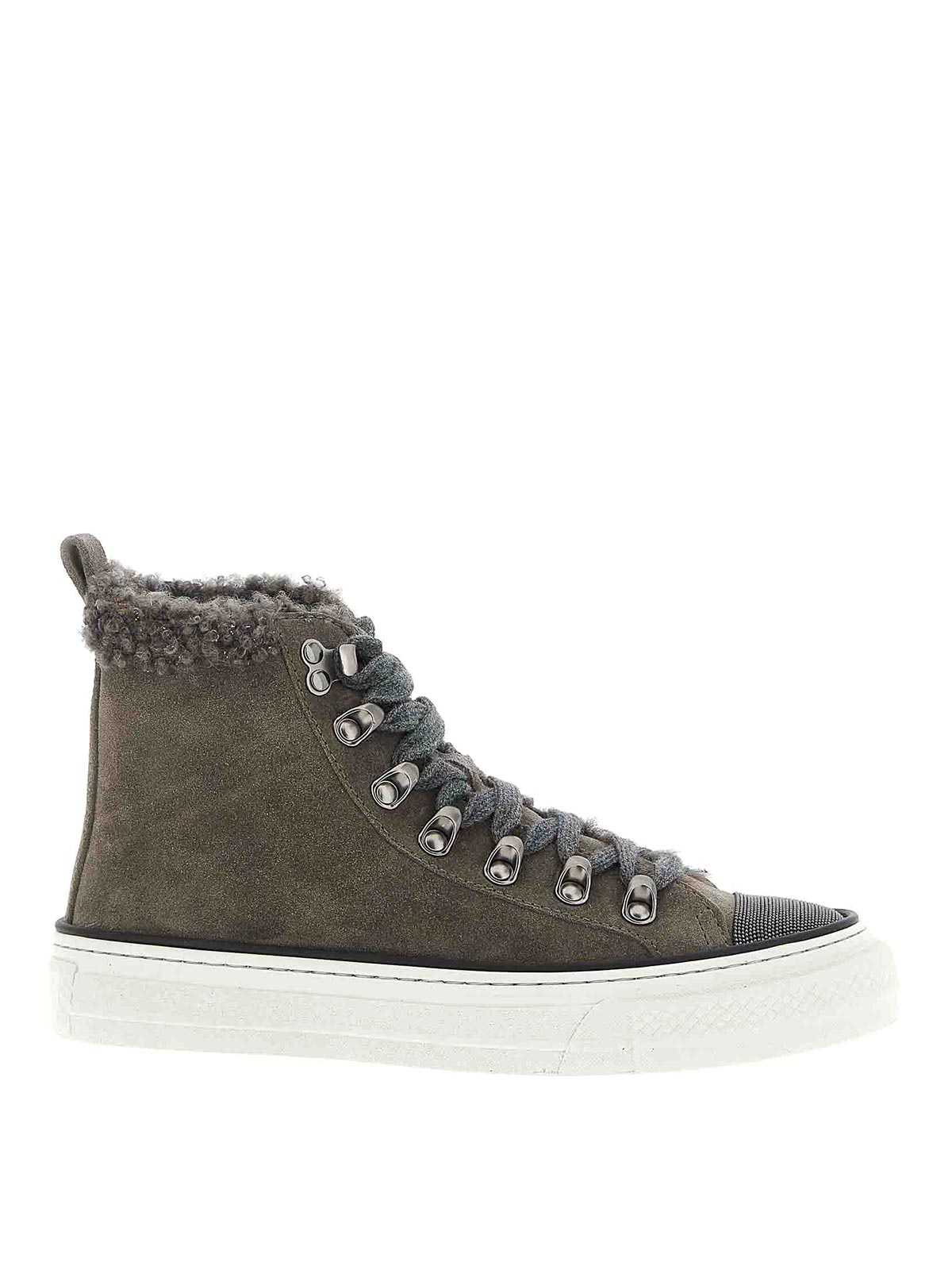 Brunello Cucinelli Shearling-trim Sneakers In Gray