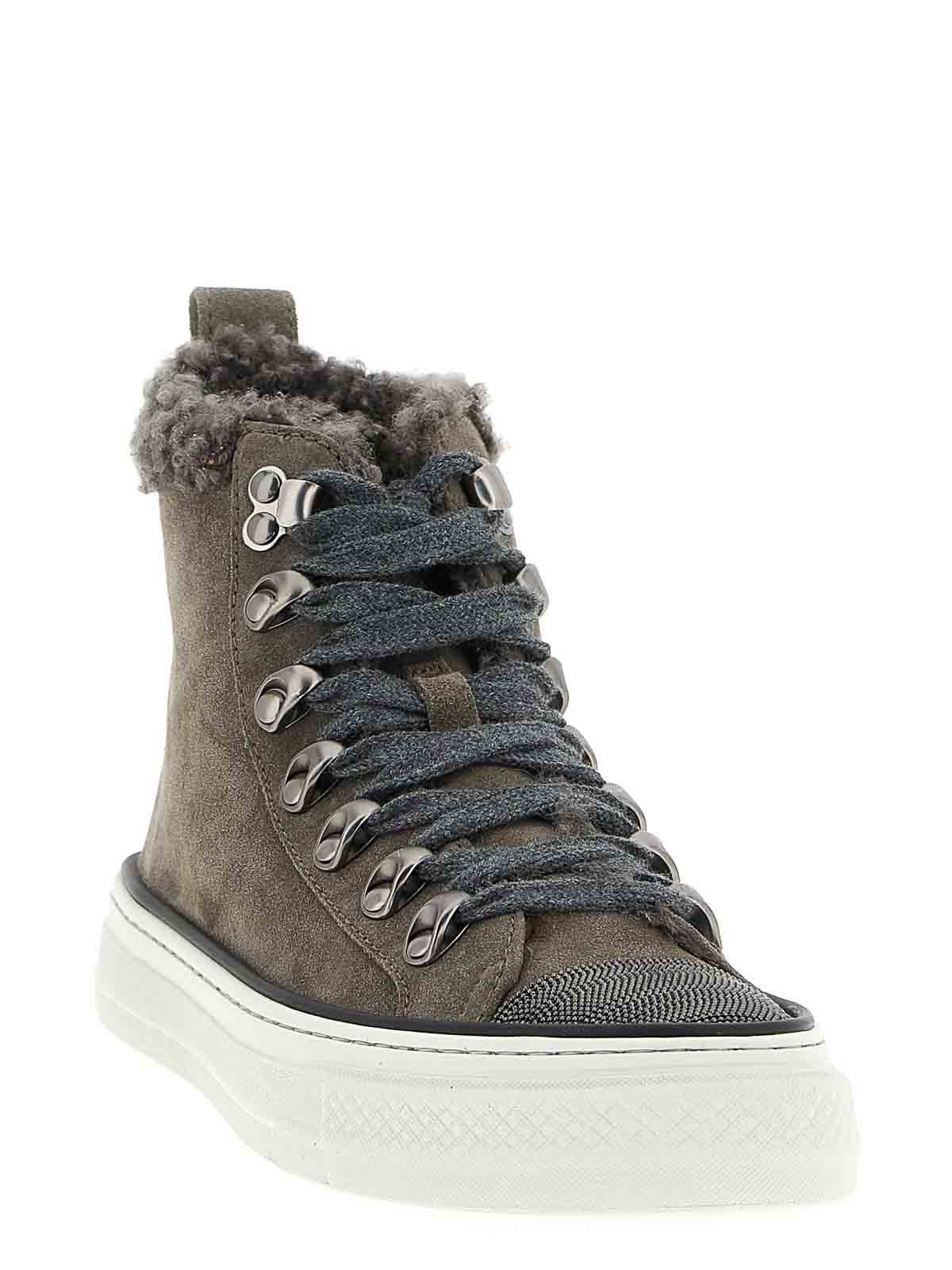 Brunello Cucinelli Shearling-trim Sneakers In Gray
