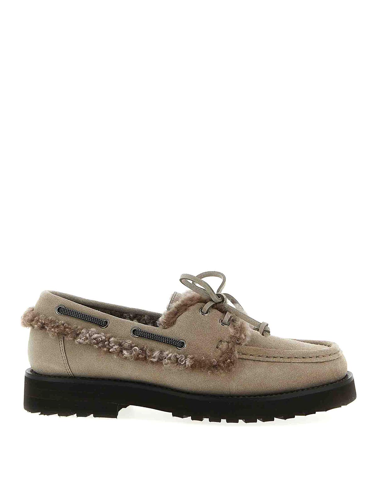 Brunello Cucinelli Bead-embellished Shearling-trimmed Suede Loafers In Gray