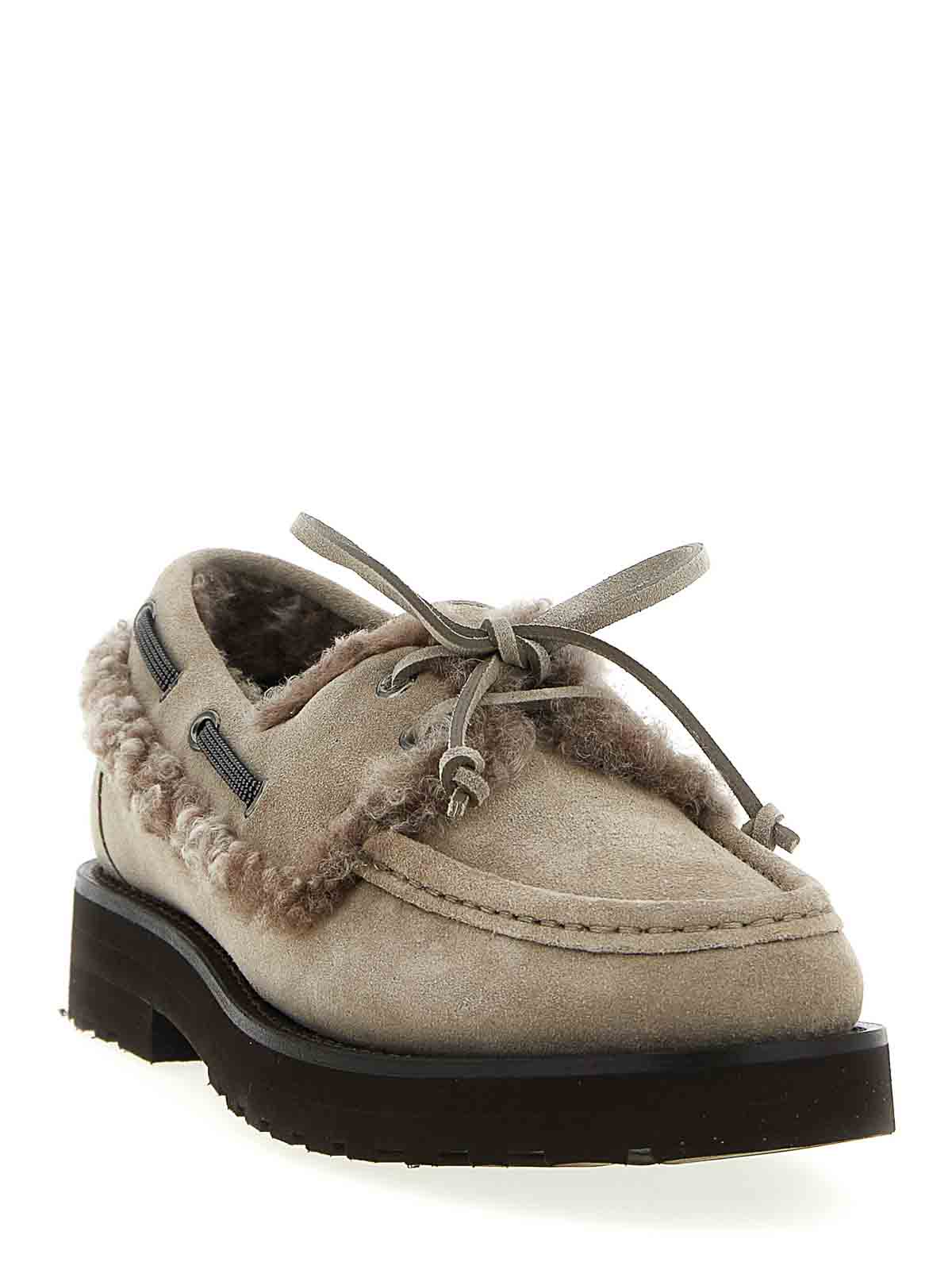 Brunello Cucinelli Bead-embellished Shearling-trimmed Suede Loafers In Gray