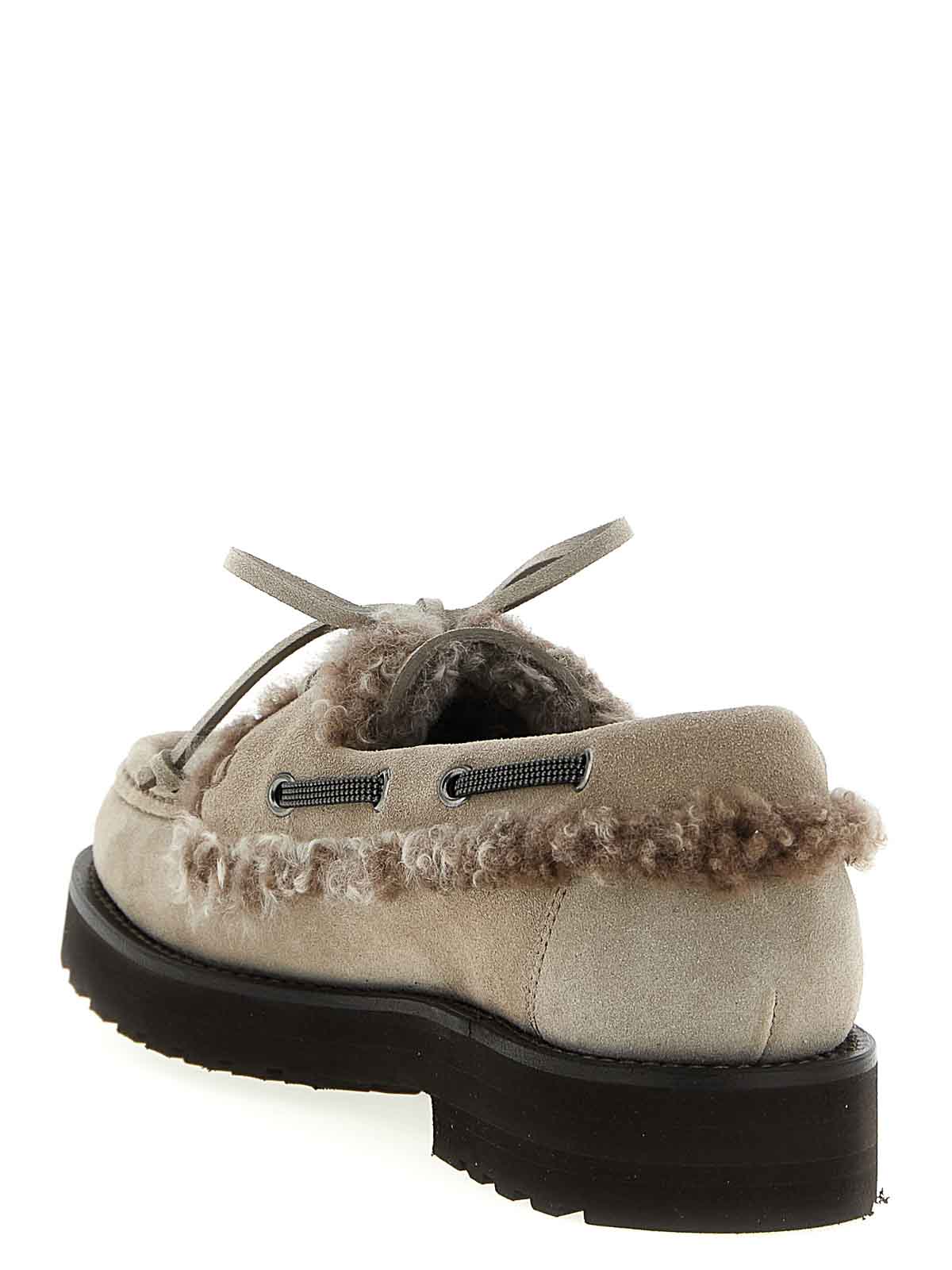 Brunello Cucinelli Bead-embellished Shearling-trimmed Suede Loafers In Gray