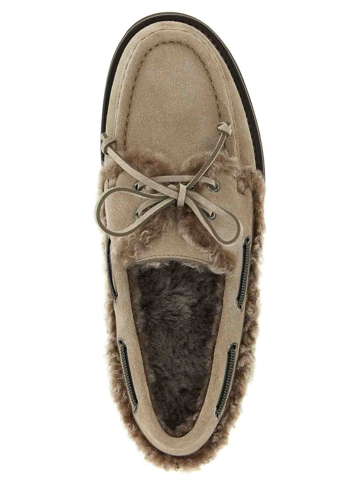 Brunello Cucinelli Bead-embellished Shearling-trimmed Suede Loafers In Gray