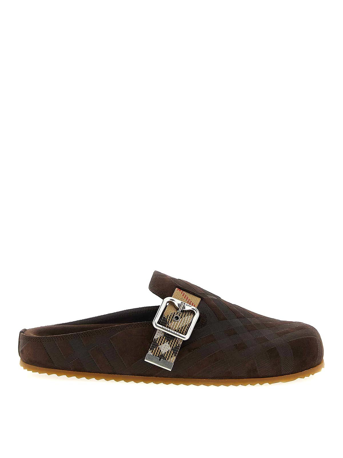 Burberry Strap Patterned Round Toe Rubber Sole Slip-on In Brown