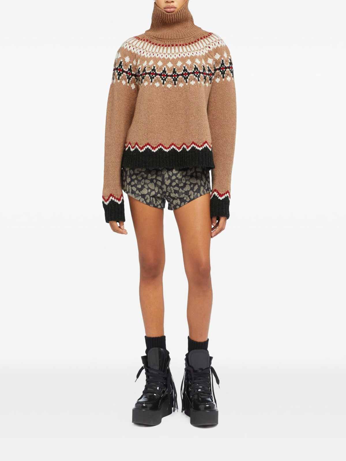 Alanui Patterned Camel Turtleneck Sweater With Geometric And Floral Motifs In Brown