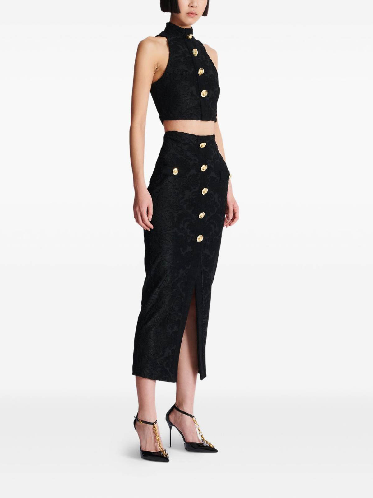 Balmain Buttoned High Waist Skirt With Slit Detail In Black