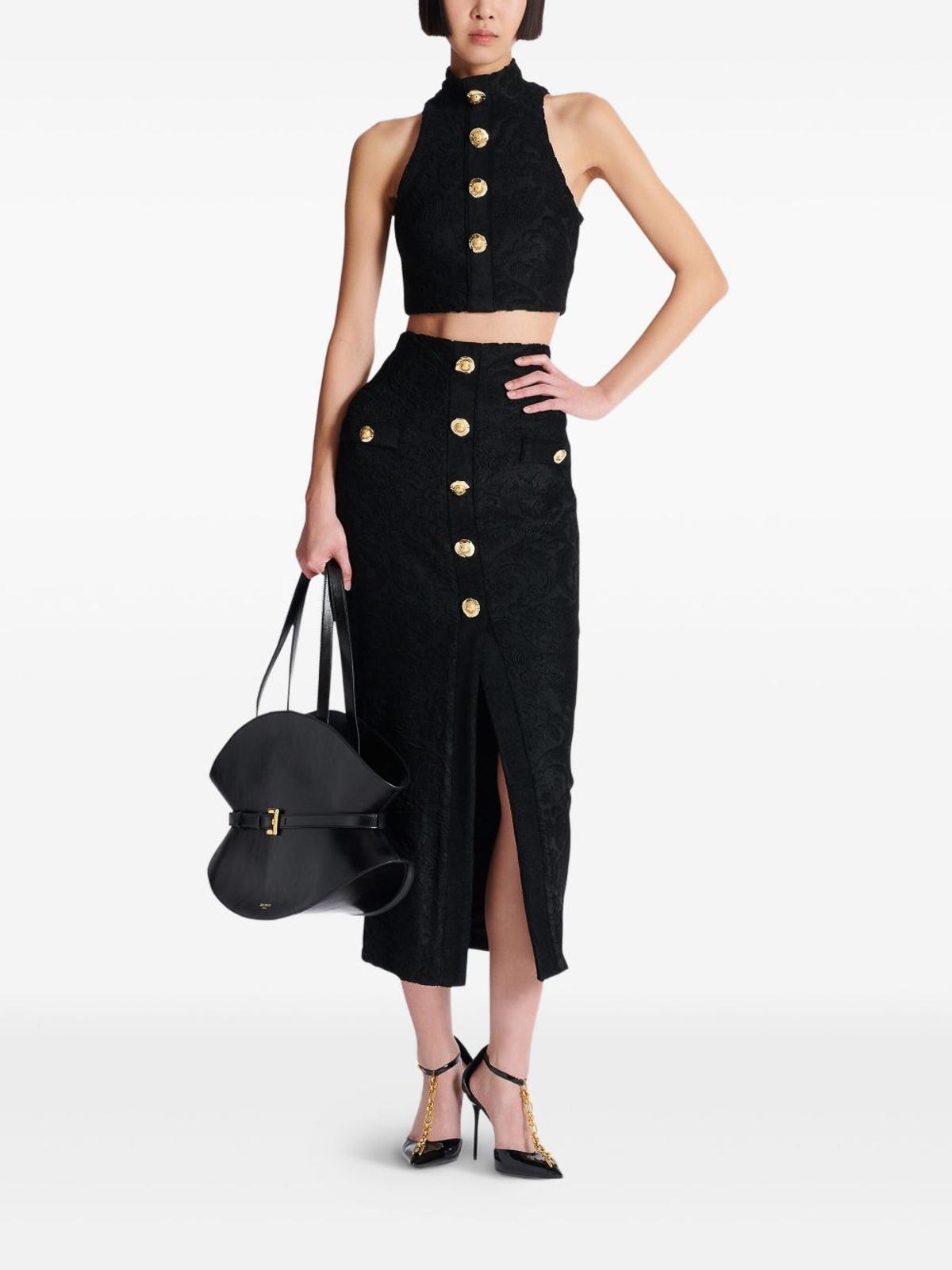 Balmain Buttoned High Waist Skirt With Slit Detail In Black