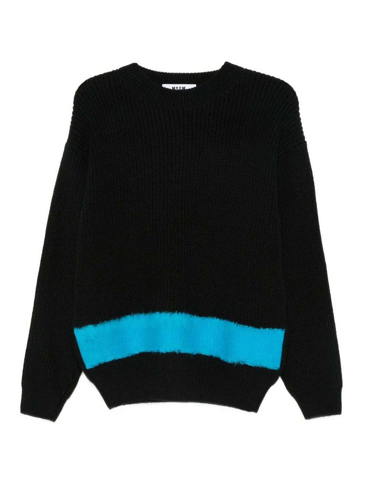 Msgm Knitted Sweater With Turquoise Stripe Hem Detail In Black