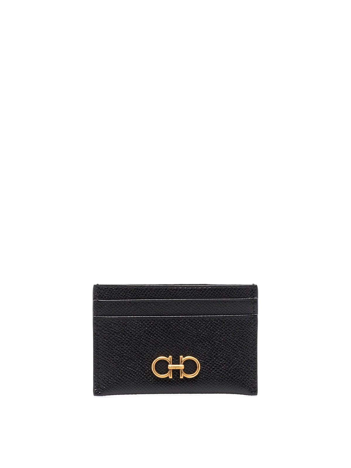 Ferragamo Gold Gancini Hammered Leather Card Holder In Black
