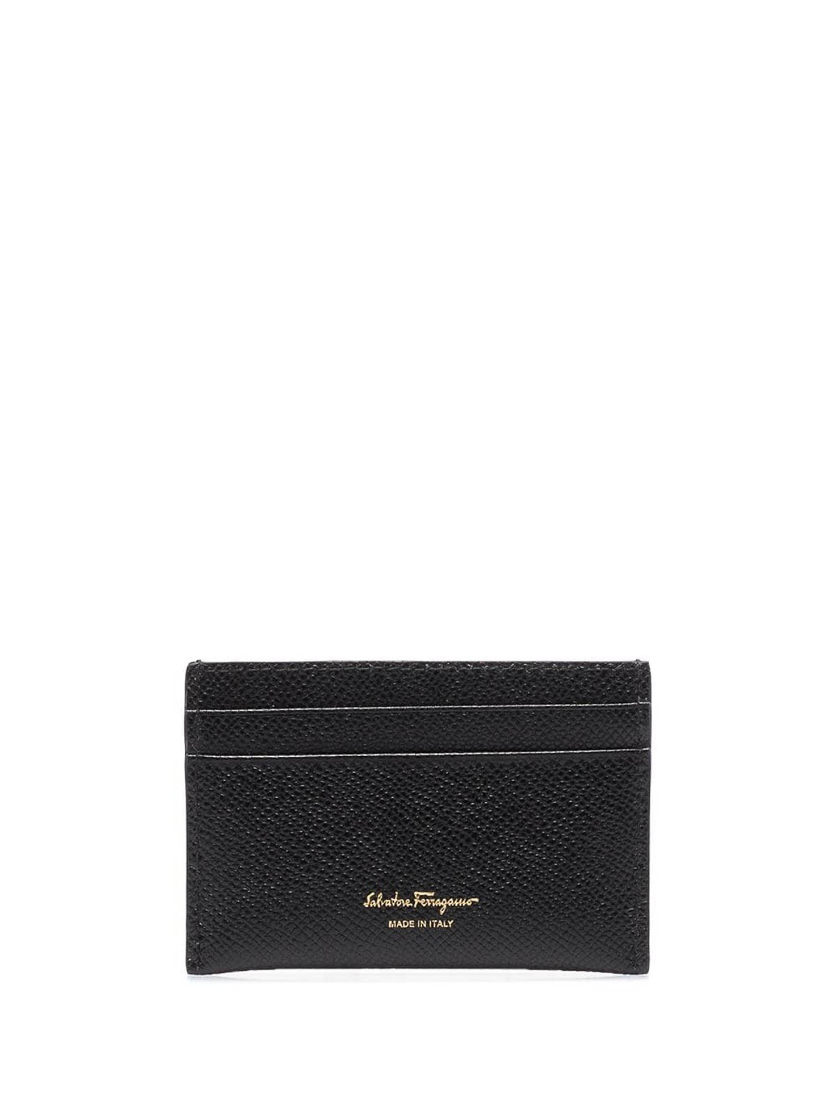 Ferragamo Gold Gancini Hammered Leather Card Holder In Black