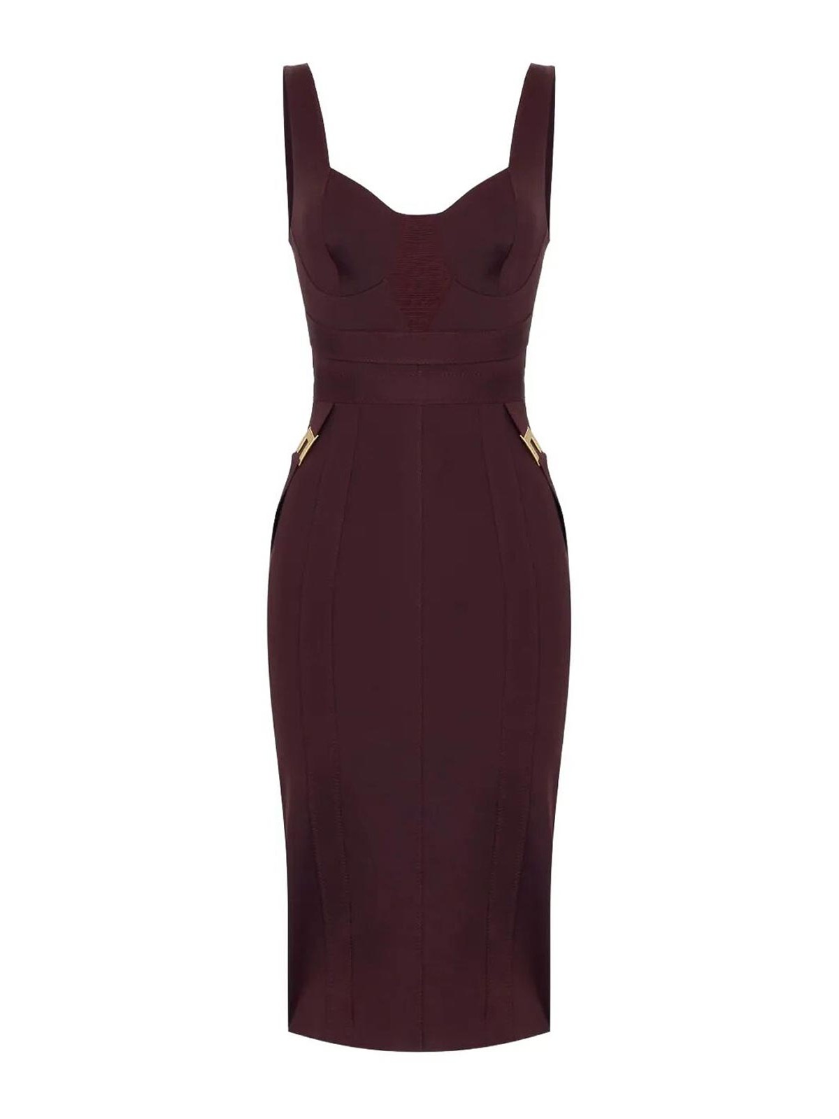 Elisabetta Franchi Structured Burgundy Midi Dress With Sweetheart Neckline In Brown