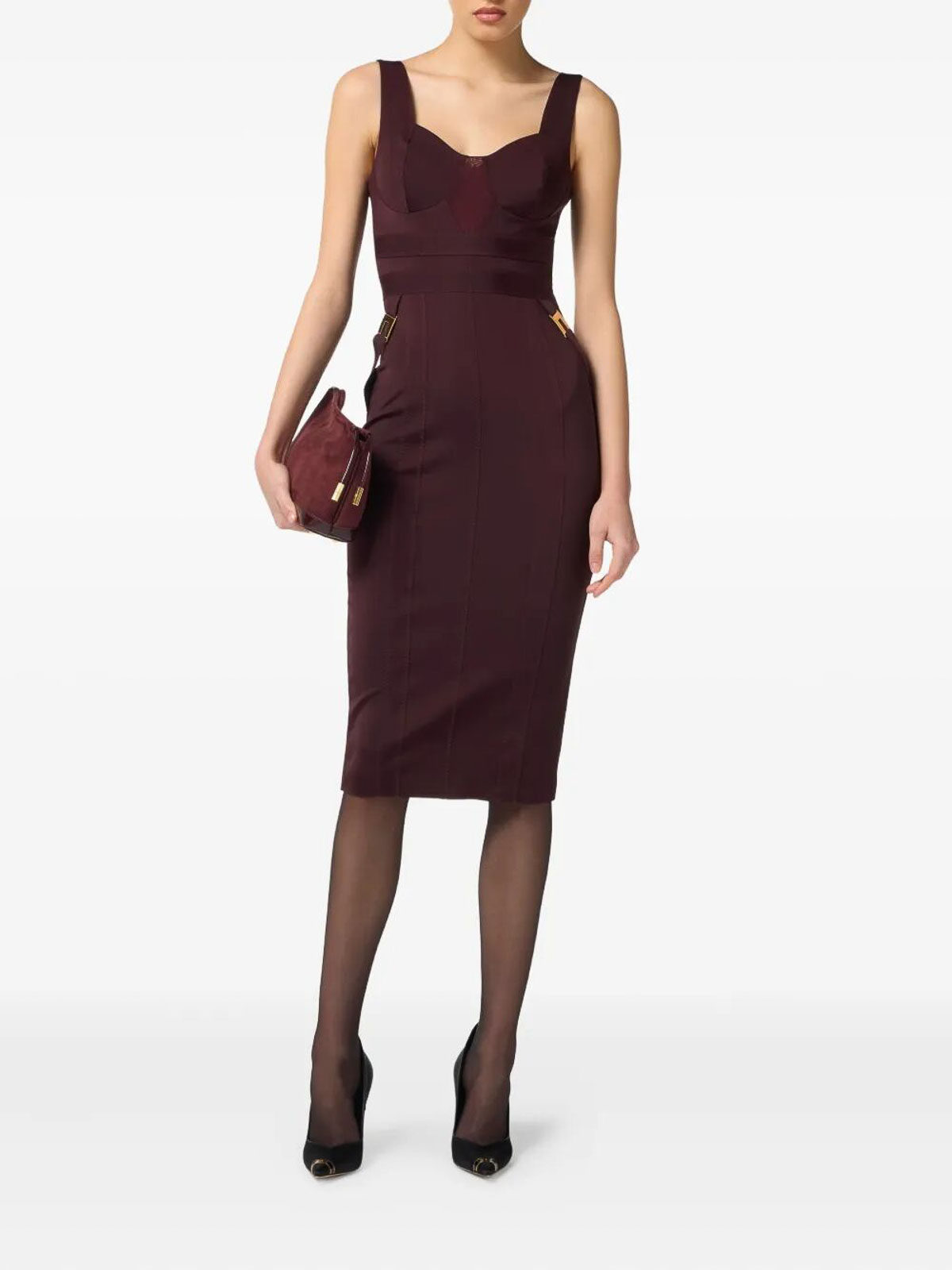 Elisabetta Franchi Structured Burgundy Midi Dress With Sweetheart Neckline In Brown
