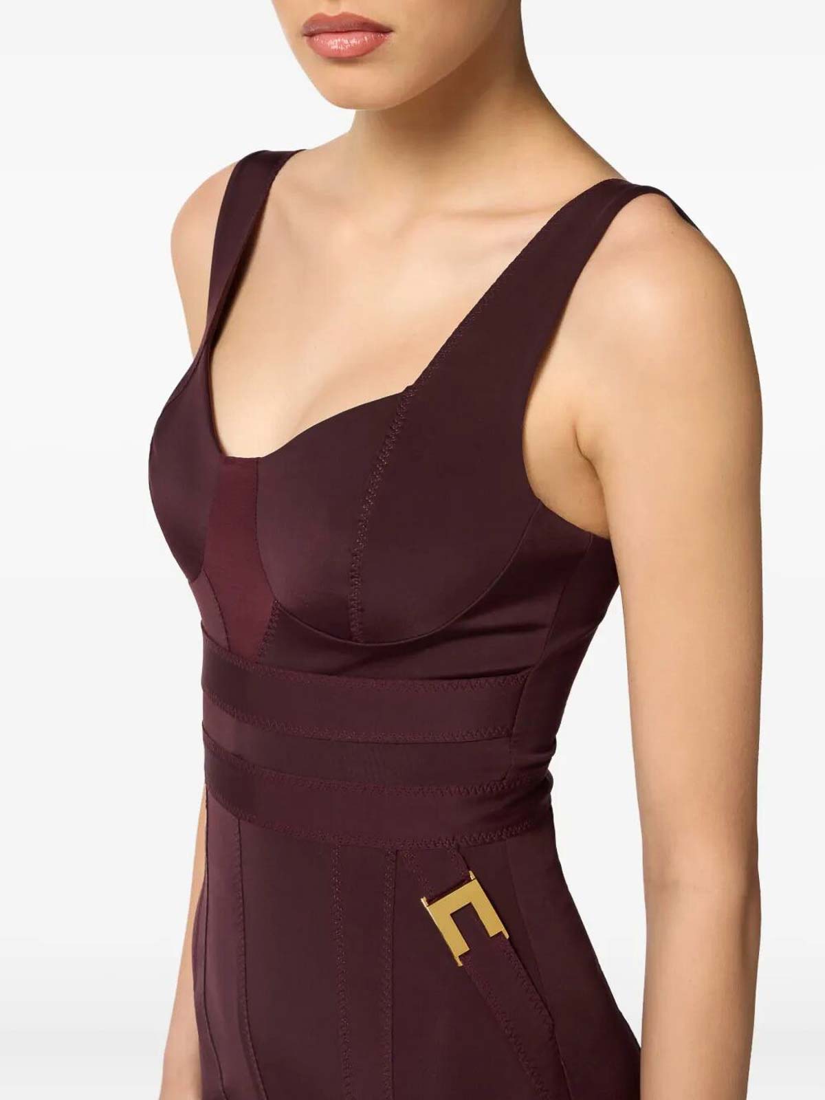 Elisabetta Franchi Structured Burgundy Midi Dress With Sweetheart Neckline In Brown