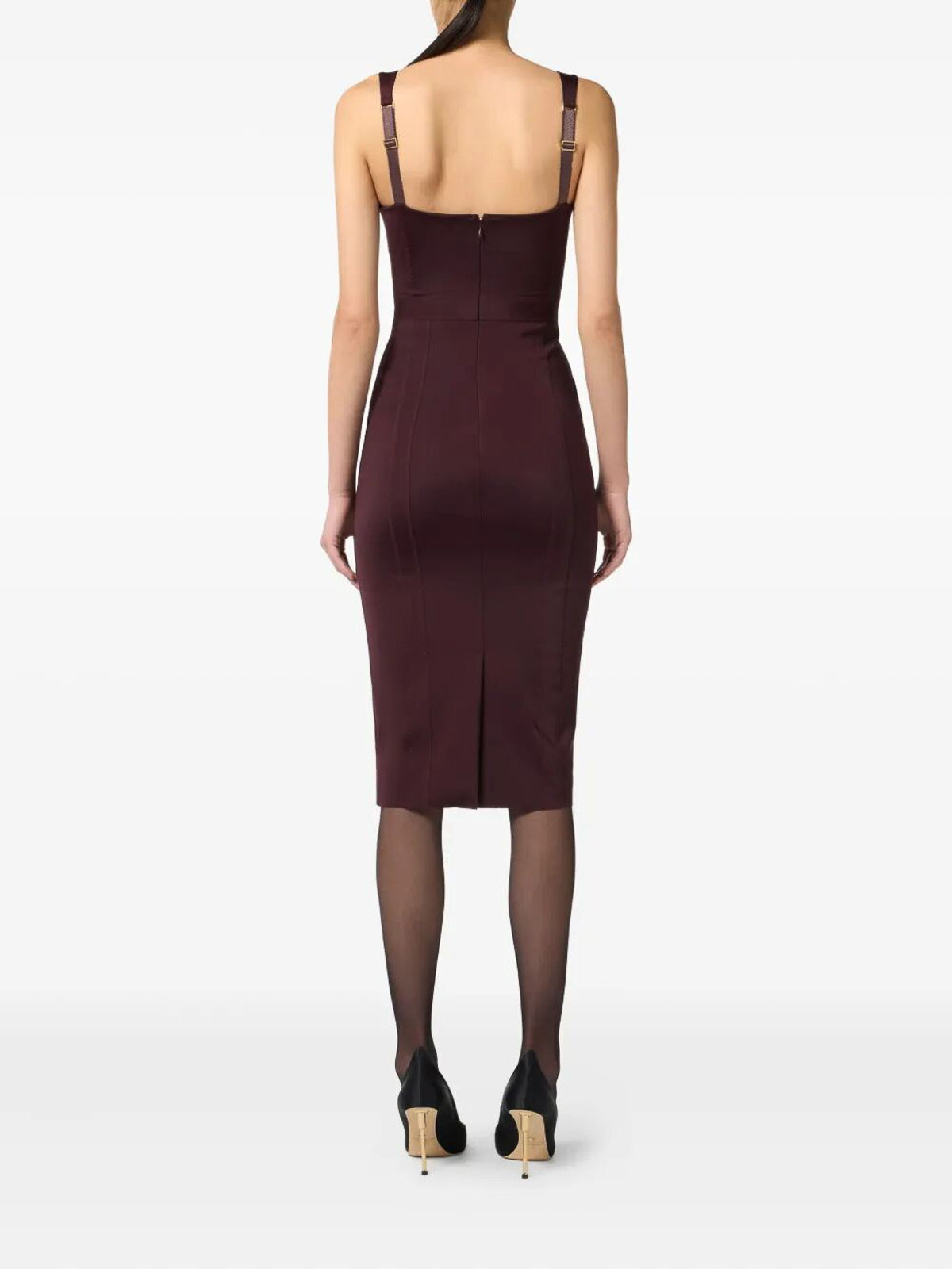 Elisabetta Franchi Structured Burgundy Midi Dress With Sweetheart Neckline In Brown