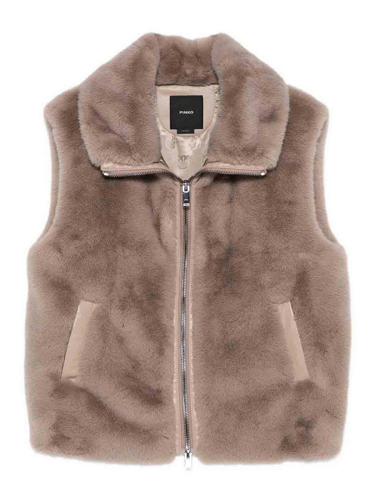 Pinko Beige Faux Fur Vest With High Collar In Brown