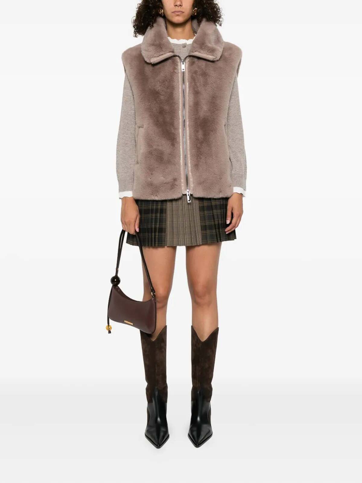 Pinko Beige Faux Fur Vest With High Collar In Brown