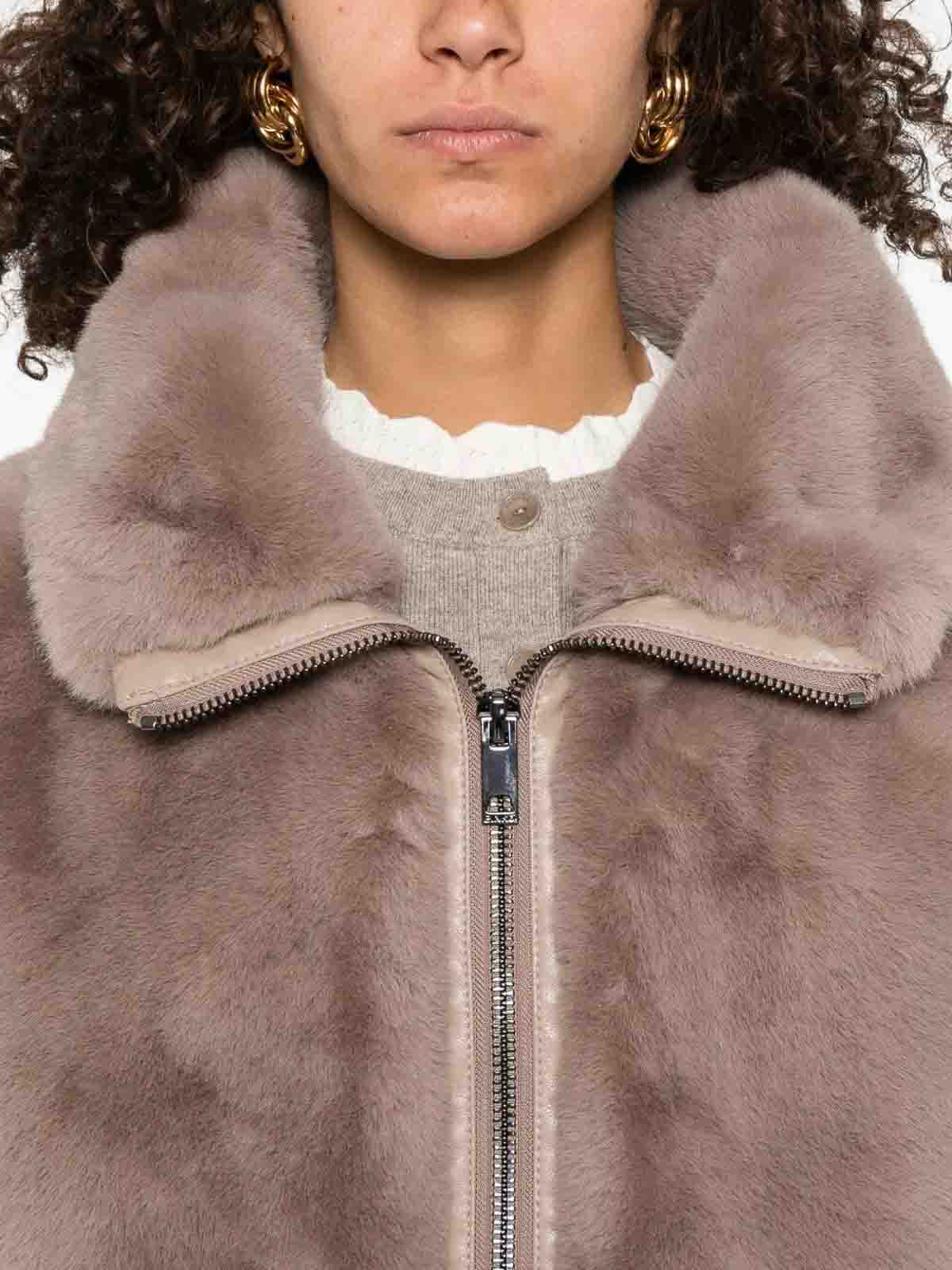 Pinko Beige Faux Fur Vest With High Collar In Brown