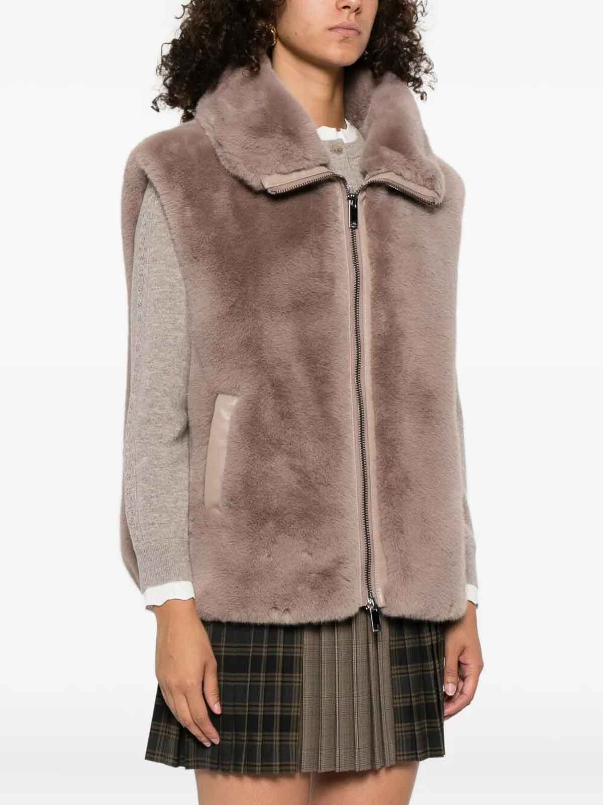 Pinko Beige Faux Fur Vest With High Collar In Brown