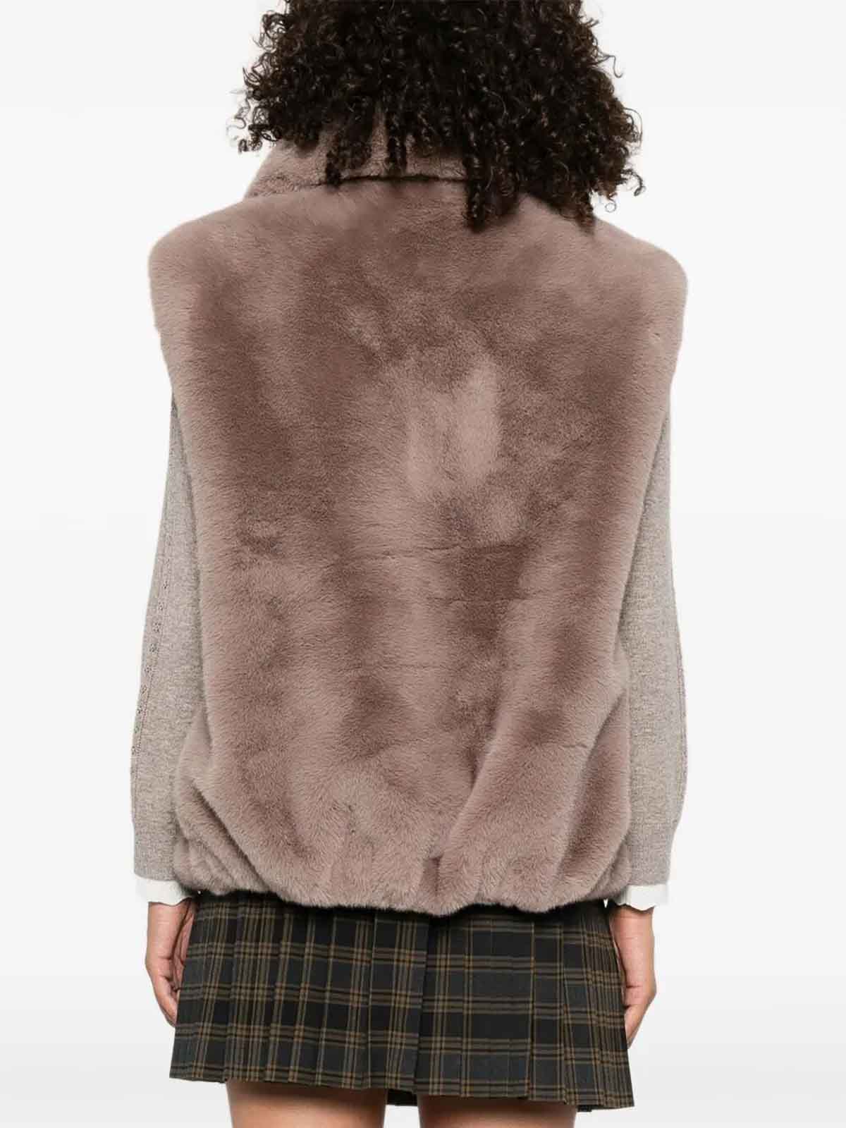 Pinko Beige Faux Fur Vest With High Collar In Brown