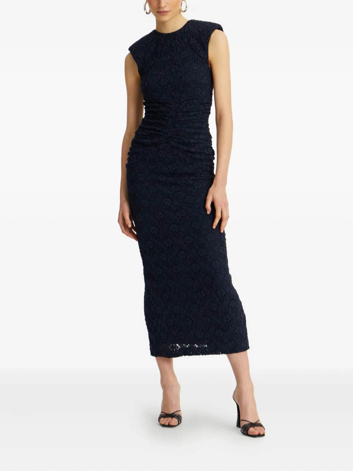 Rotate Birger Christensen Long Sleeveless Fitted Midi Dress With Textured Detailing In Blue