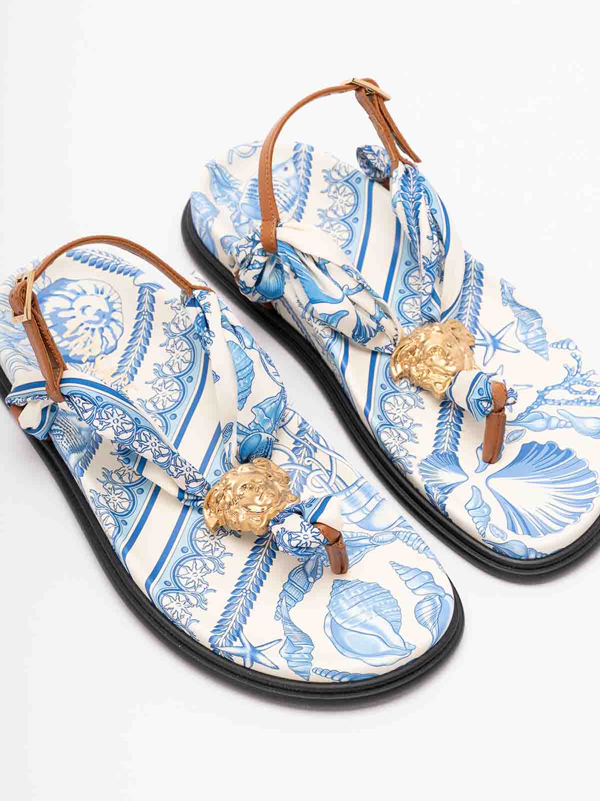 Versace Fabric And Calf Leather Sandals In Multi