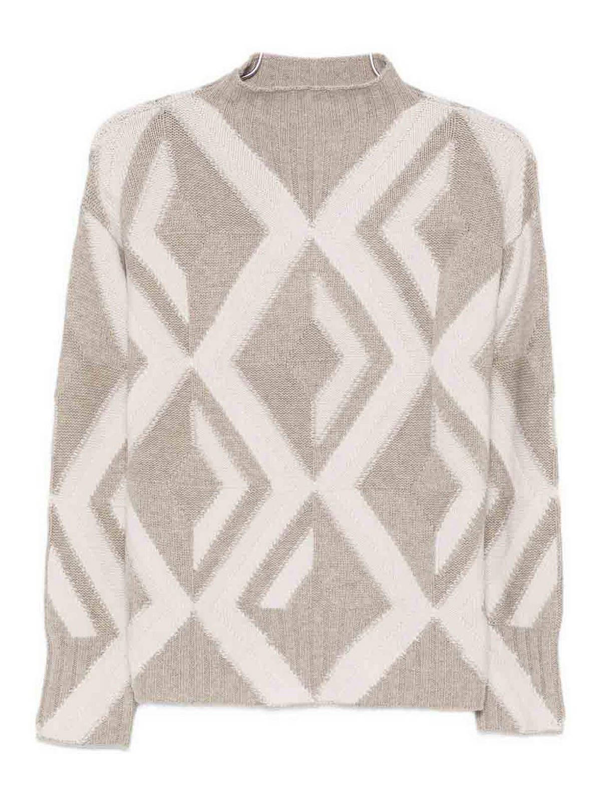 Alpha Studio Beige Knit Sweater With Geometric Pattern In Brown