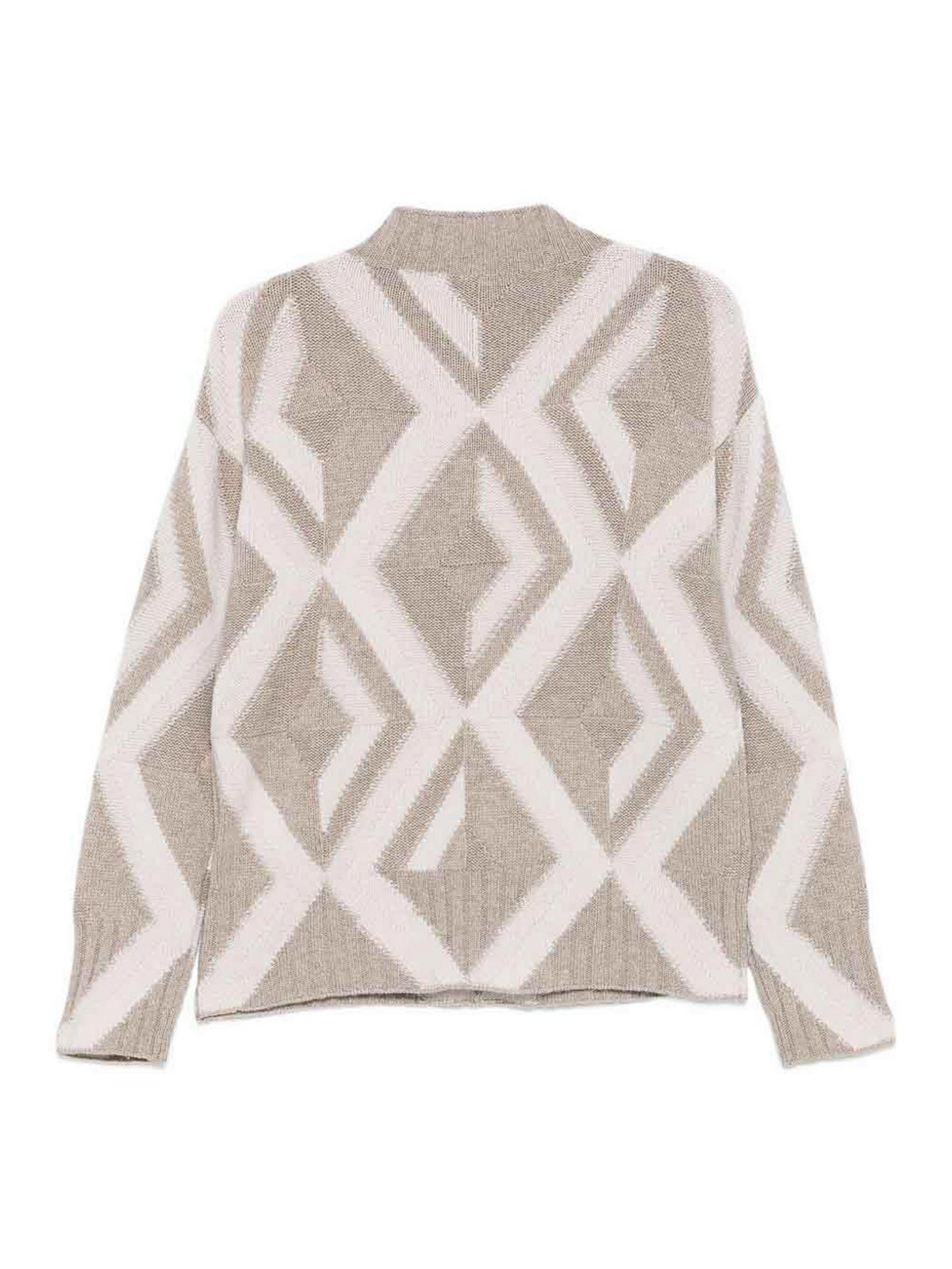 Alpha Studio Beige Knit Sweater With Geometric Pattern In Brown