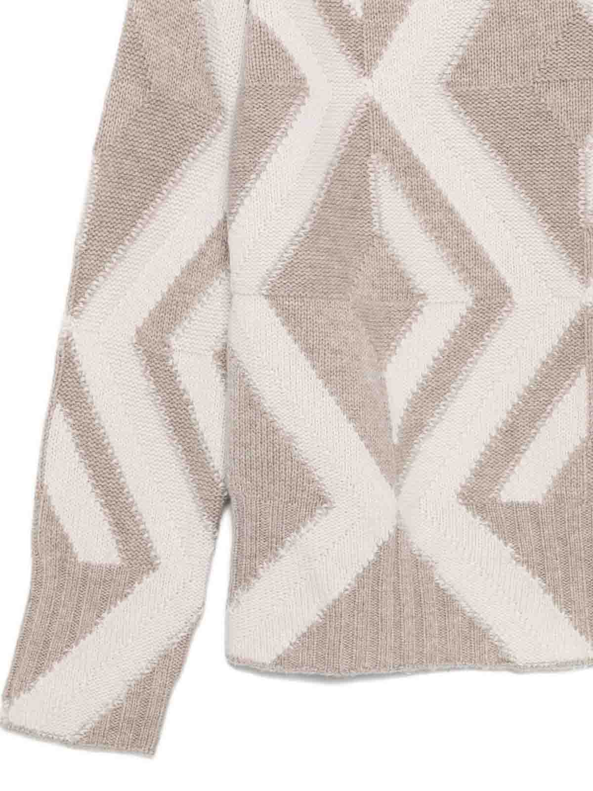 Alpha Studio Beige Knit Sweater With Geometric Pattern In Brown