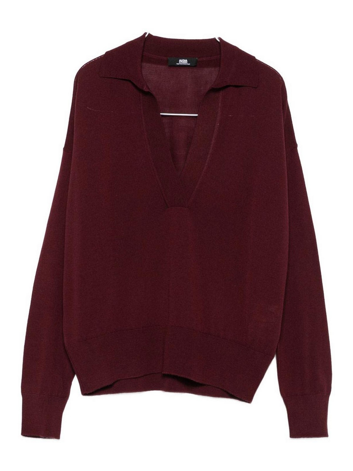 Alpha Studio Long-sleeved Deep V-neck Merino Wool Top In Burgundy