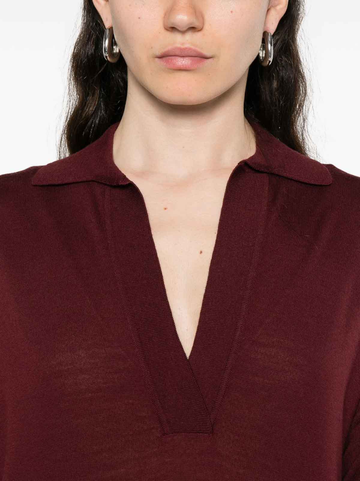 Alpha Studio Long-sleeved Deep V-neck Merino Wool Top In Burgundy