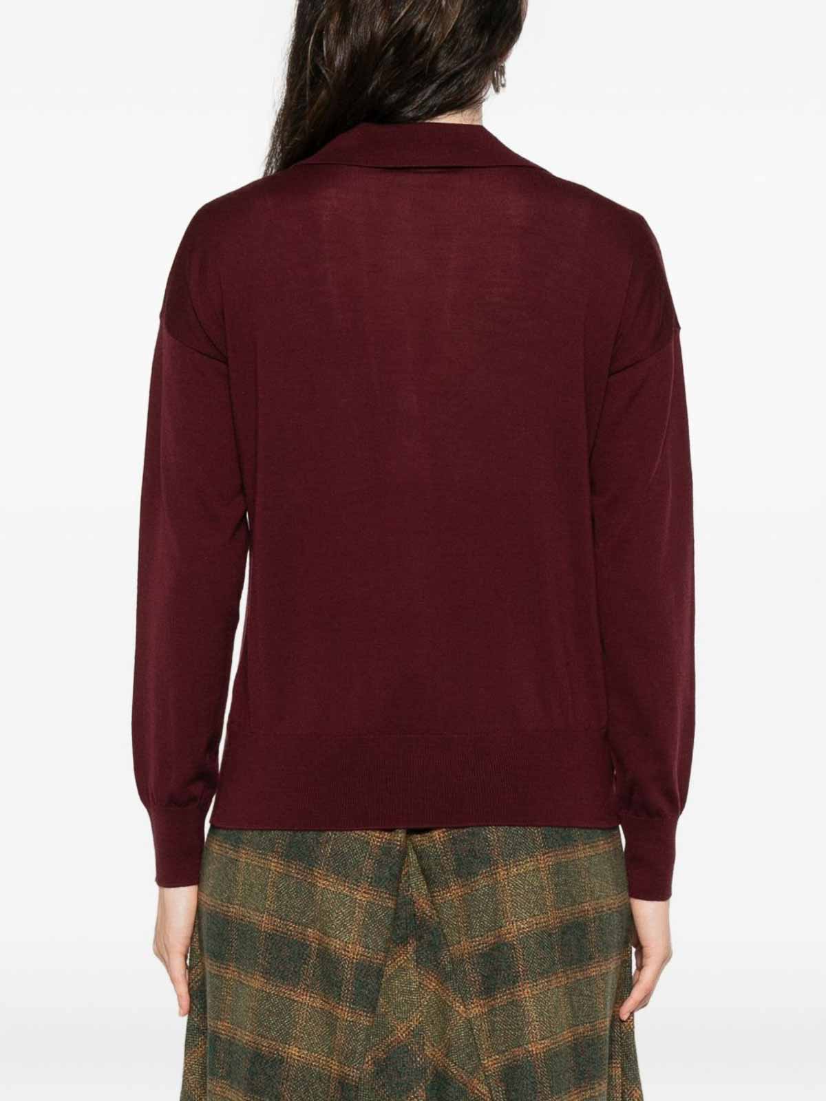 Alpha Studio Long-sleeved Deep V-neck Merino Wool Top In Burgundy
