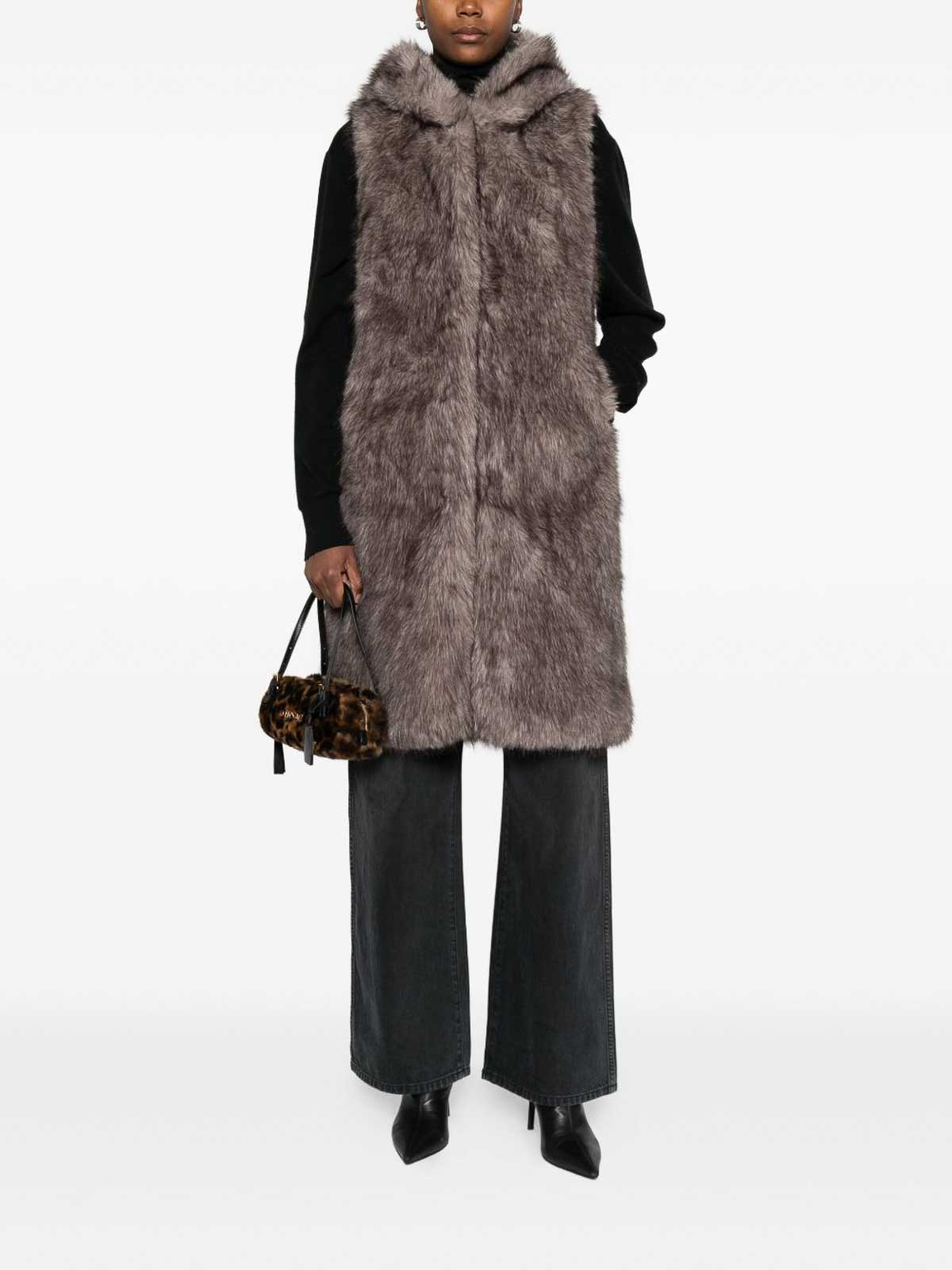 Betta Corradi Hooded Sleeveless Coat In Plush Faux Fur In Brown