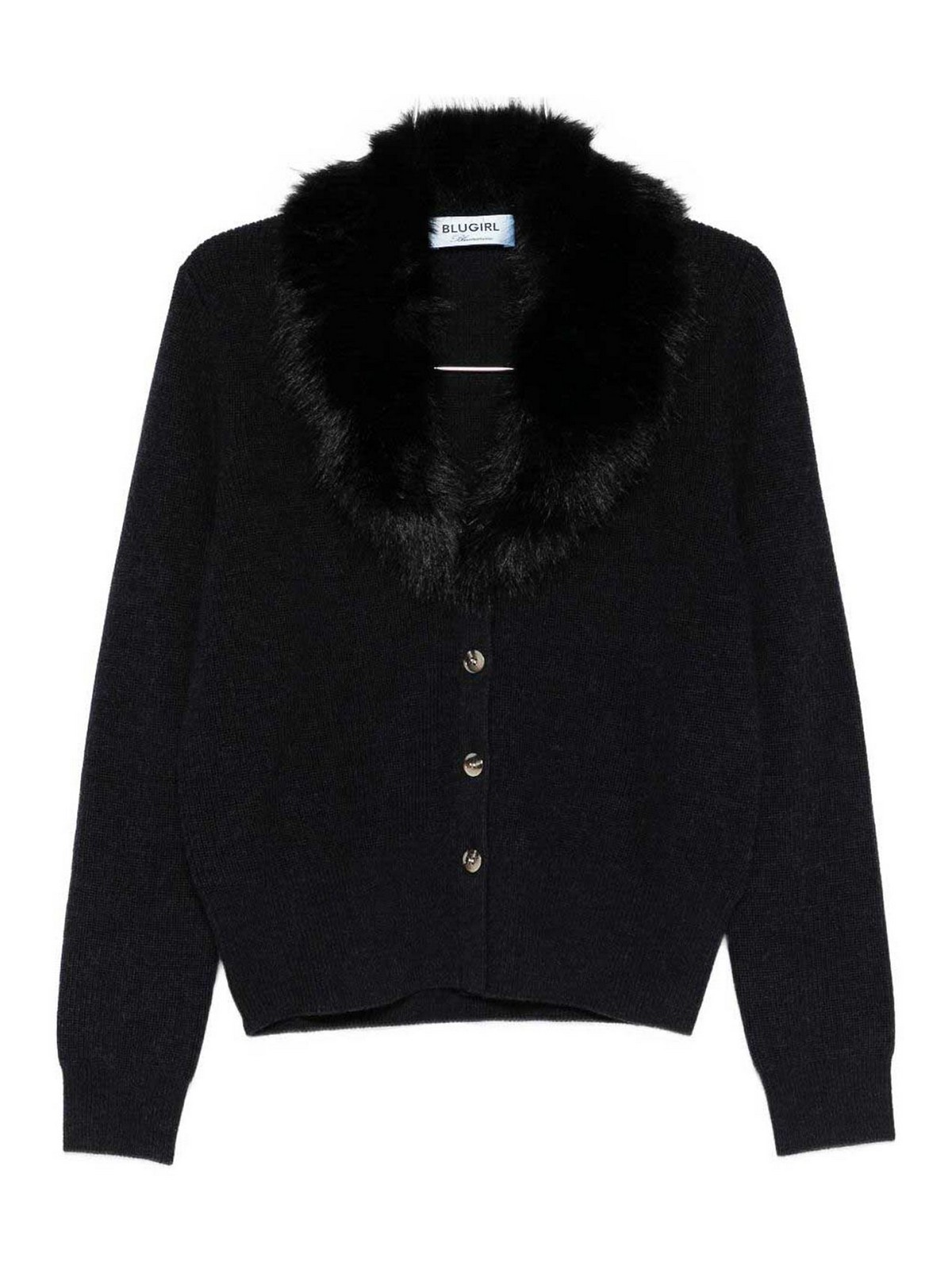 Blugirl Deep V-neck Sweater With Black Fur Collar In Black