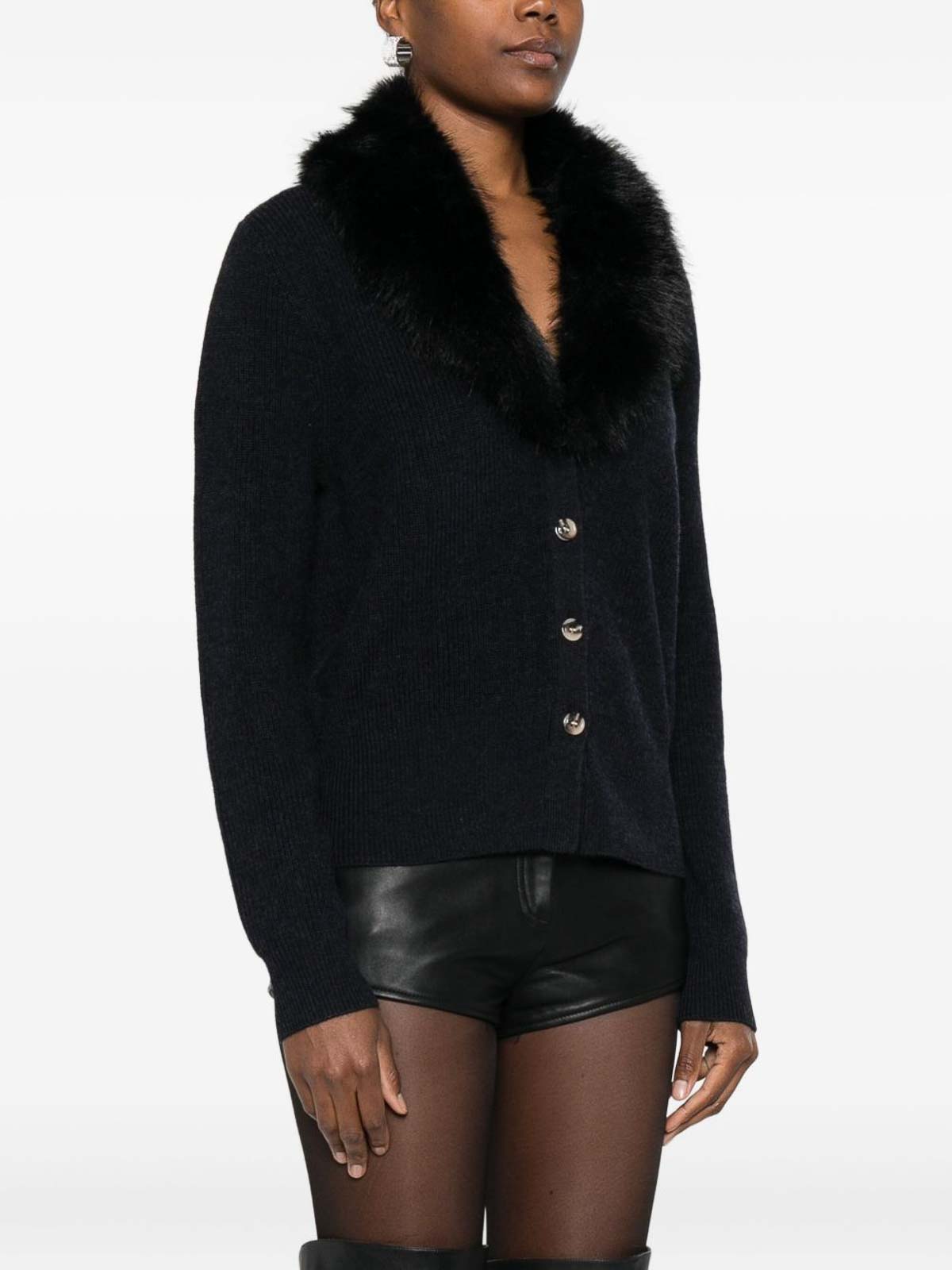 Blugirl Deep V-neck Sweater With Black Fur Collar In Black