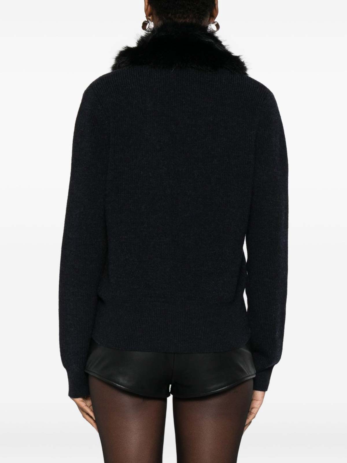 Blugirl Deep V-neck Sweater With Black Fur Collar In Black