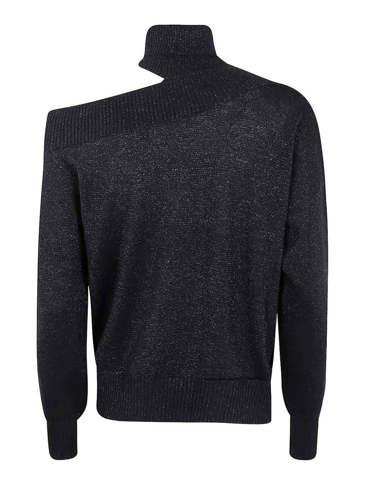 D Exterior Asymmetrical Neckline Wool Blend Sweater In Black
