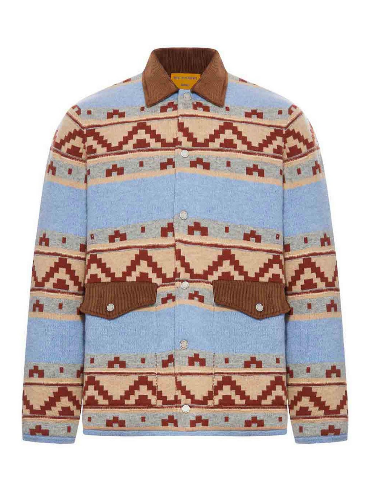 Guest In Residence Patterned Blue Jacket With Corduroy Collar In Blue