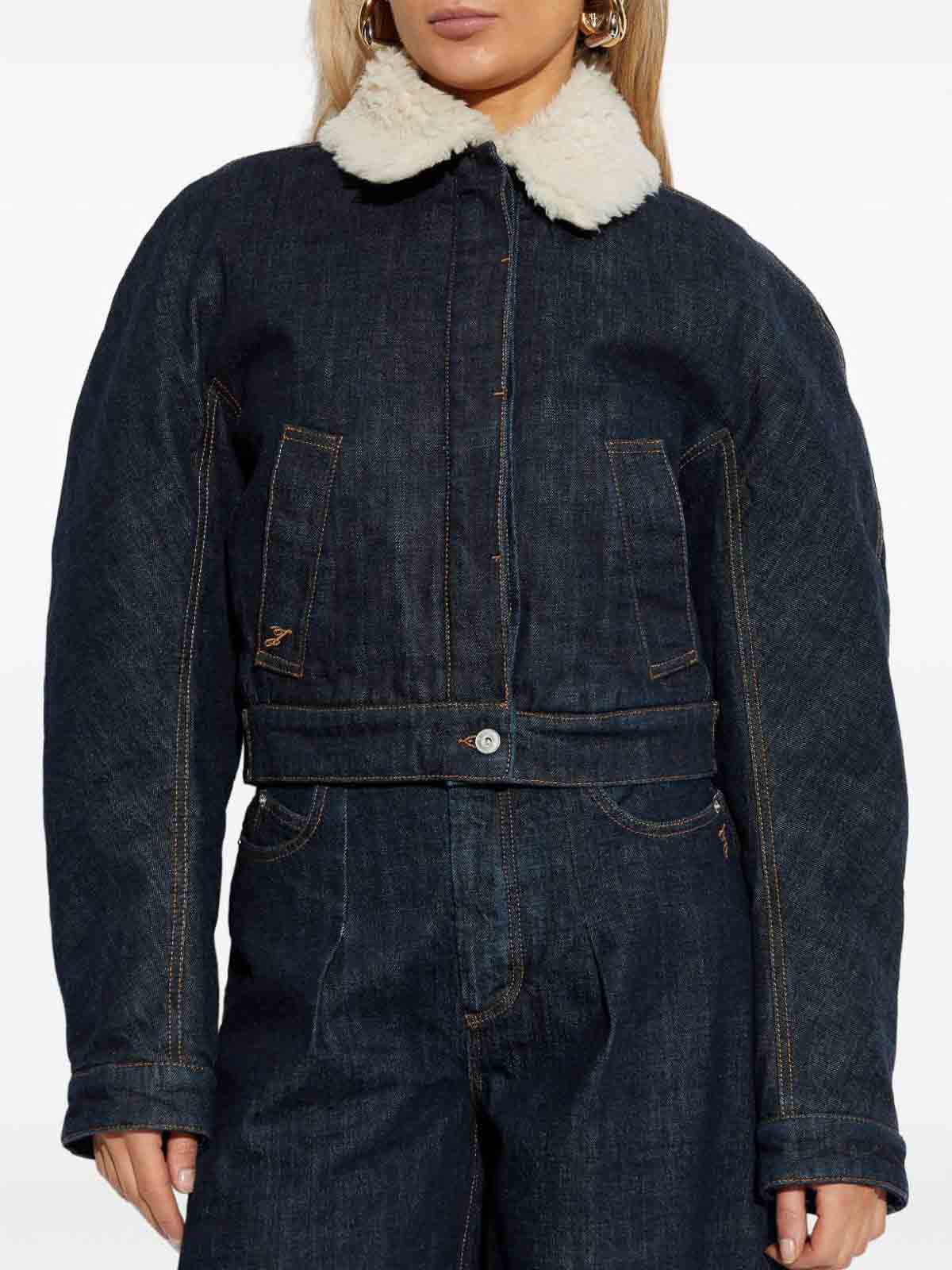 Jacquemus Le Bomber De-nimes Ovalo Blue Jacket With Fur Collar And Two Front Welt Pockets In Denim Woman In Black