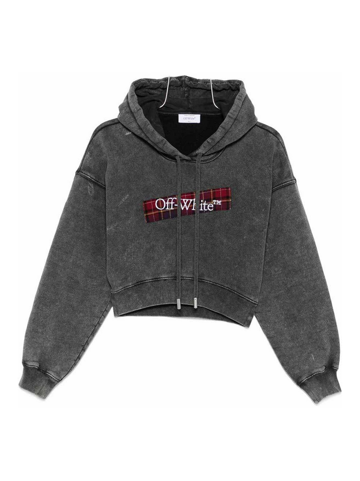Off-white Cropped Black Hoodie With Red Tartan Patch In Gray