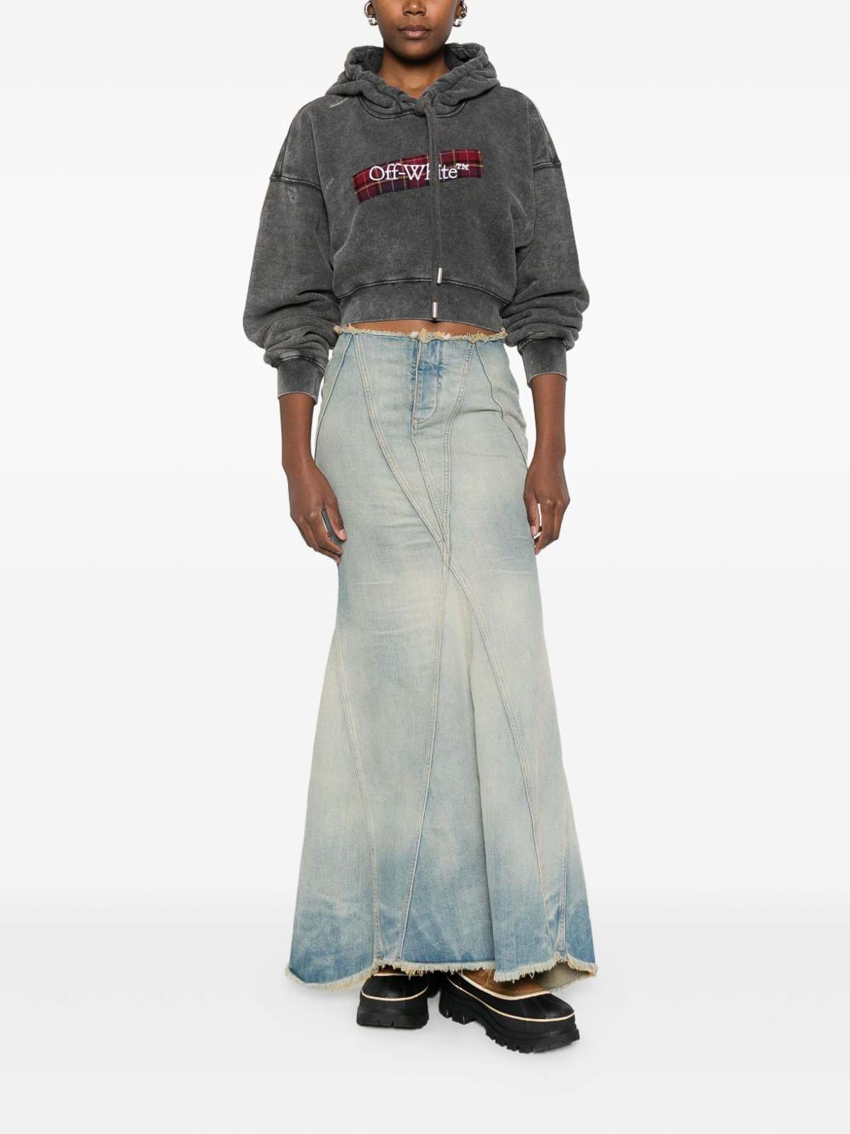 Off-white Cropped Black Hoodie With Red Tartan Patch In Gray