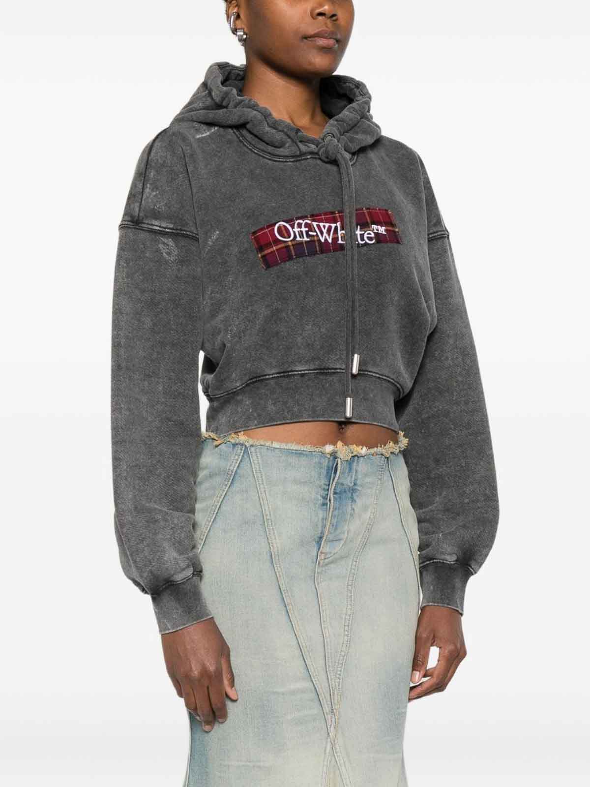 Off-white Cropped Black Hoodie With Red Tartan Patch In Gray