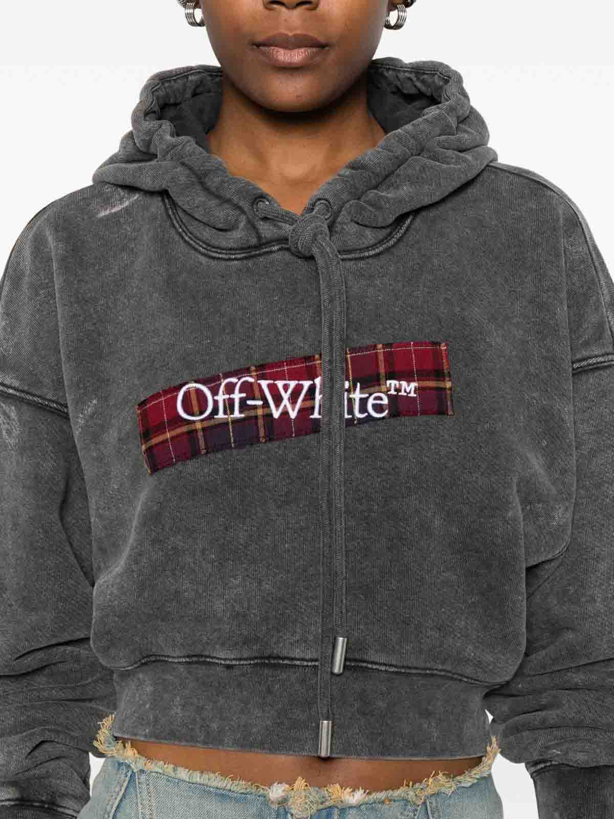Off-white Cropped Black Hoodie With Red Tartan Patch In Gray