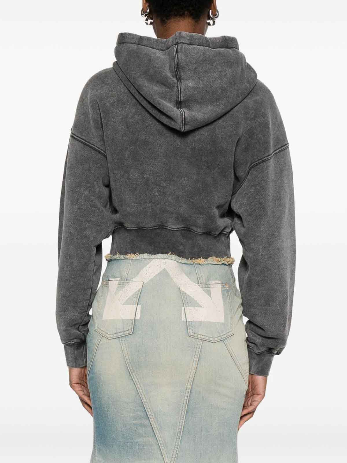 Off-white Cropped Black Hoodie With Red Tartan Patch In Gray