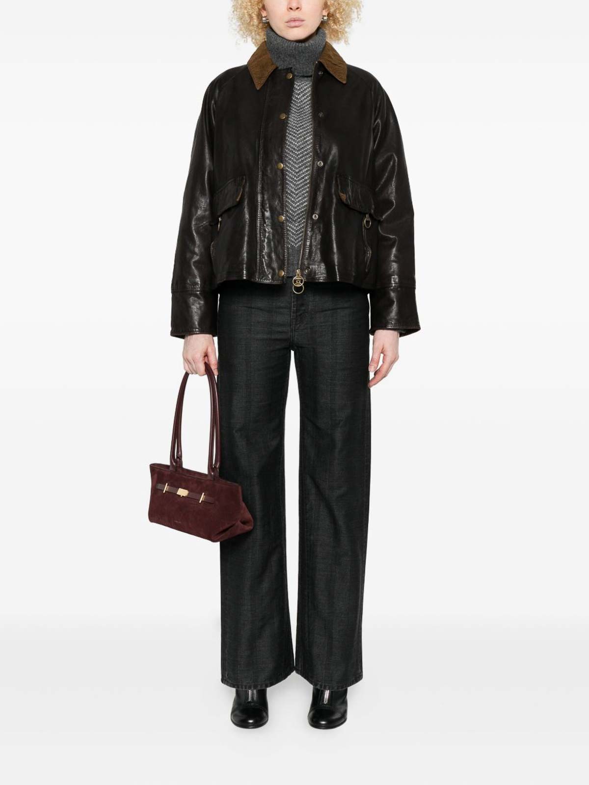 The Jack And Jackie Leathers Brown Leather Jacket With Textured Corduroy Collar In Brown