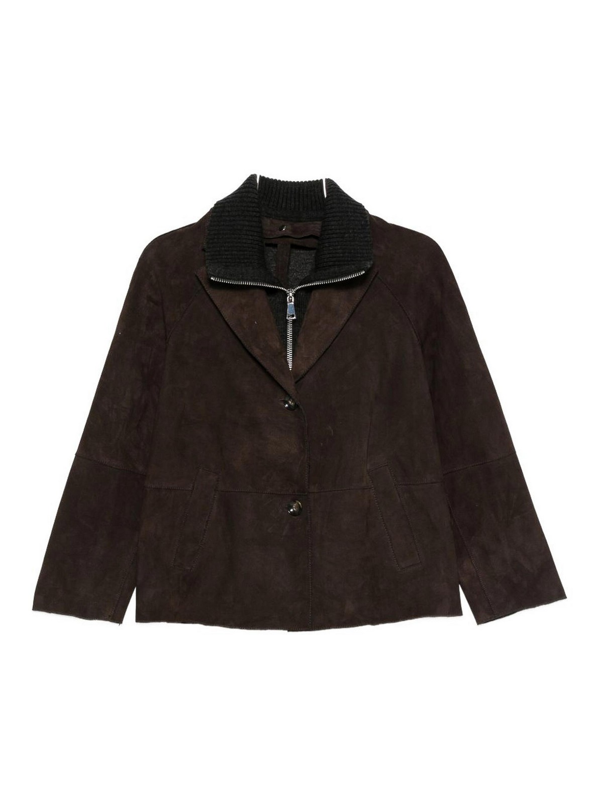 The Jack And Jackie Leathers Cropped Calf Leather Jacket With Wide Lapel In Brown