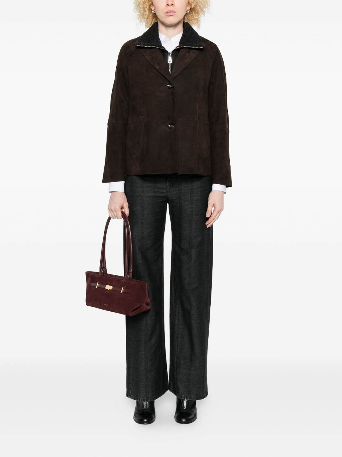 The Jack And Jackie Leathers Cropped Calf Leather Jacket With Wide Lapel In Brown