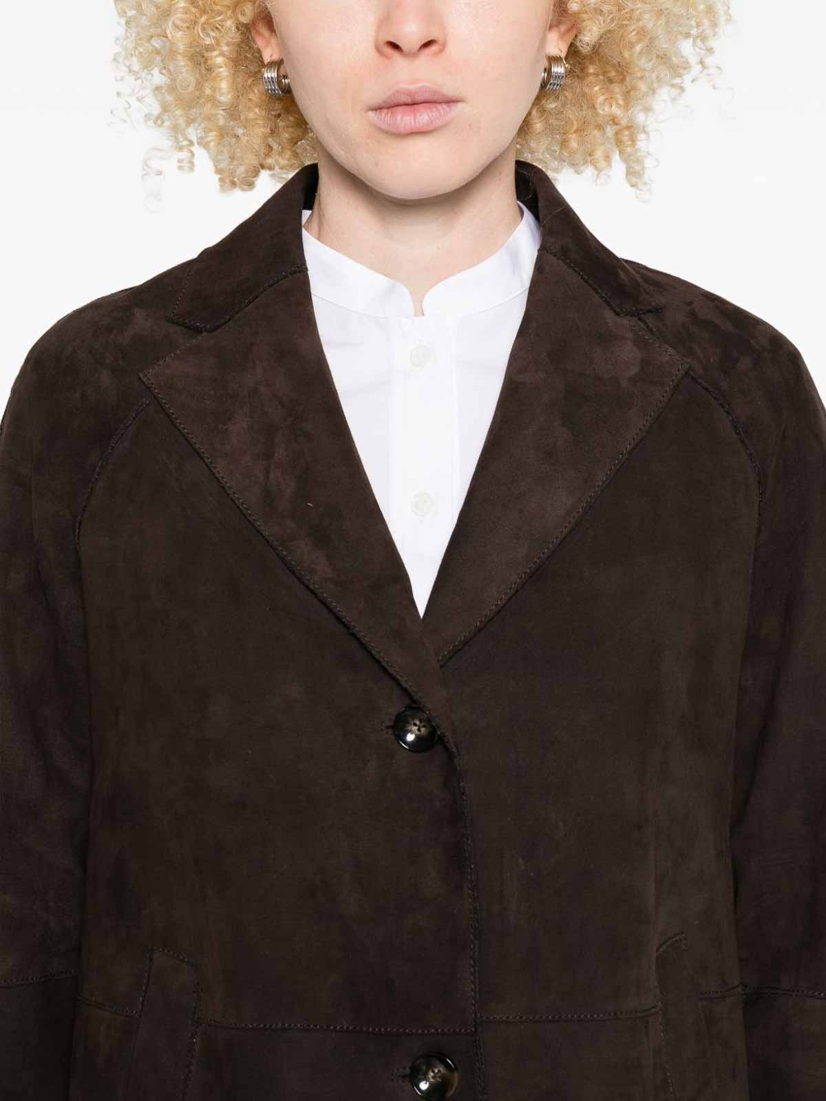 The Jack And Jackie Leathers Cropped Calf Leather Jacket With Wide Lapel In Brown