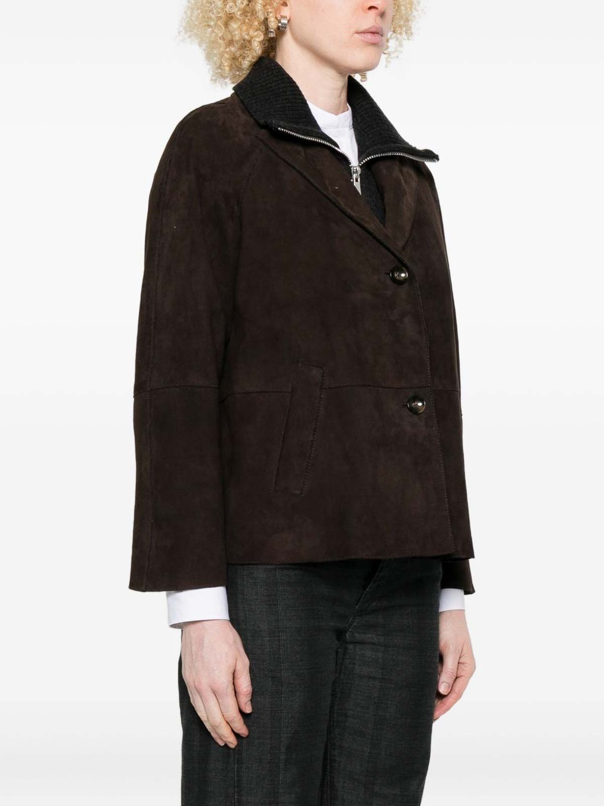 The Jack And Jackie Leathers Cropped Calf Leather Jacket With Wide Lapel In Brown